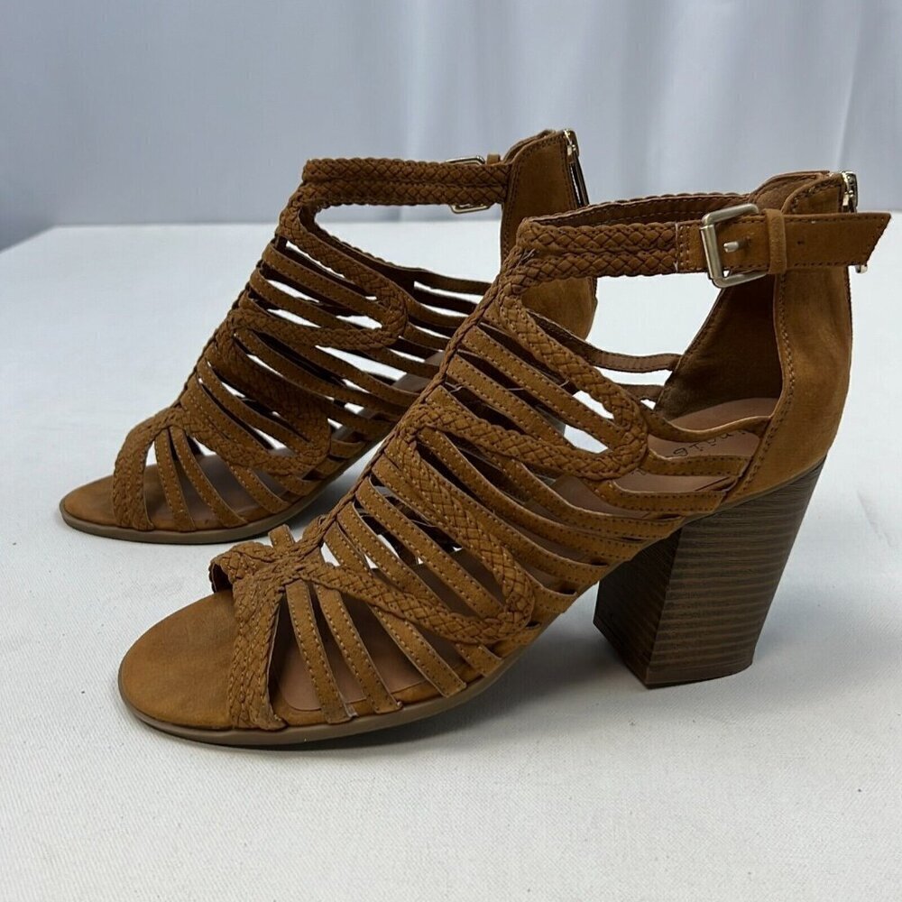 Indigo rd. Womens Camel Leather Open Toe Black Zip Strappy Block Heel Size 10 M